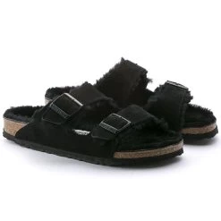 Birkenstock Women's Arizona Shearling Suede Leather - Black (Narrow Width) -Birkenstock 752663 pair 80967.1636039807